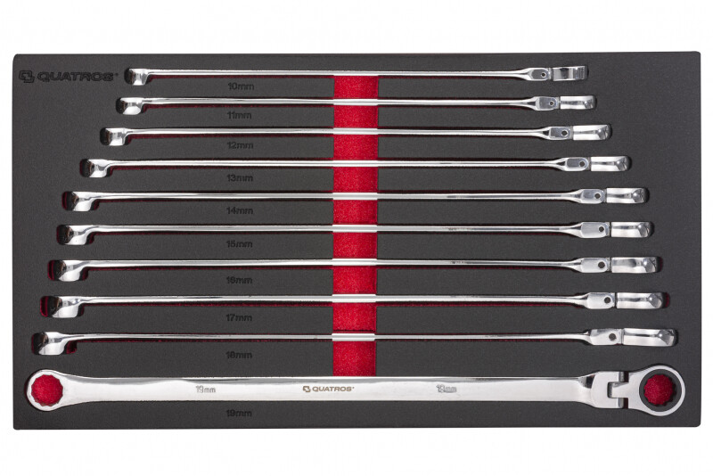 QUATROS 10dílná extra dlouhá sada dvojitých očkových klíčů s ráčnou a flexibilními hlavami 10-19 m