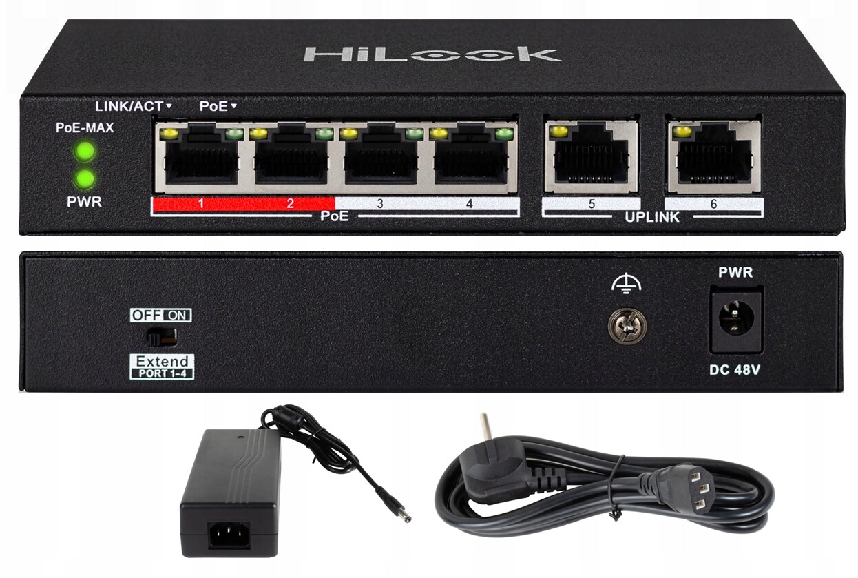 Switch PoE 4xPoE HiLook Hikvision Napájení pro kamery 6 portů 2x Lan