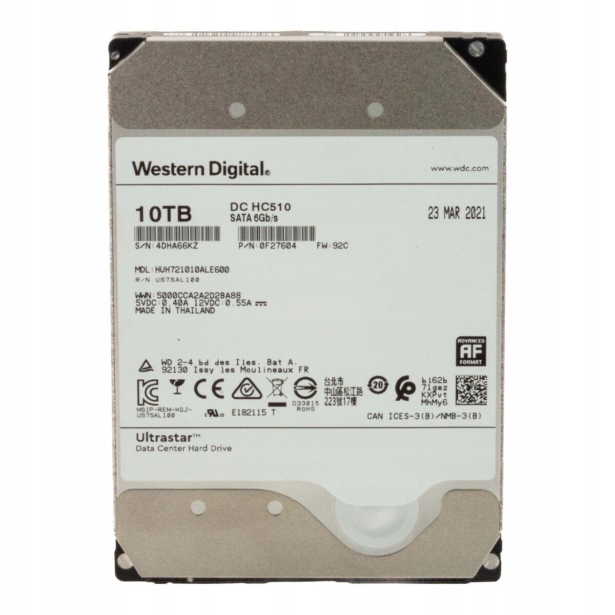 Wd UltraStar DC HC510 10TB Sata III 7.2K 256MB 3.5'' HUH721010ALE600