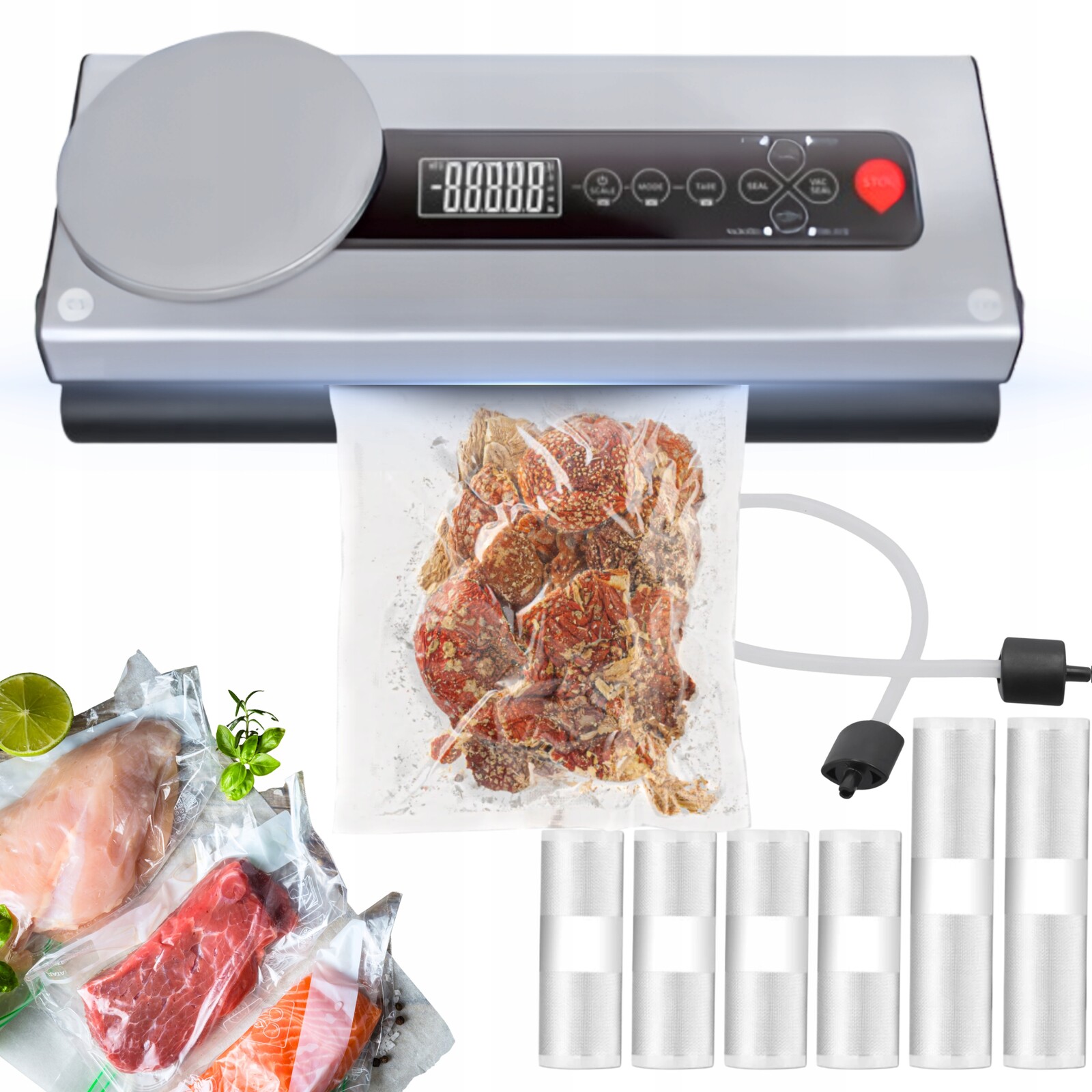 Vakuová svářečka potravin Automatická váha Gilotina sáčky Fólie