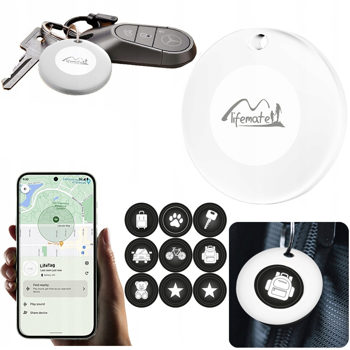 Gps lokátor Life Tag Lifemate Android pro batoh na klíče psa samolepky