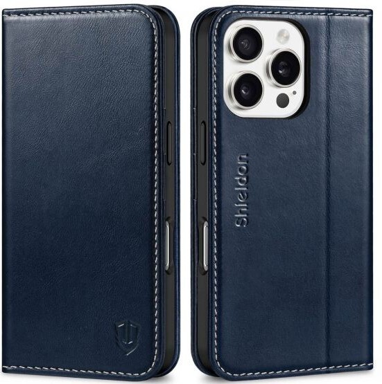 Shieldon přírodní pouzdro na iPhone 16 Pro Max s klopou, barva modrá