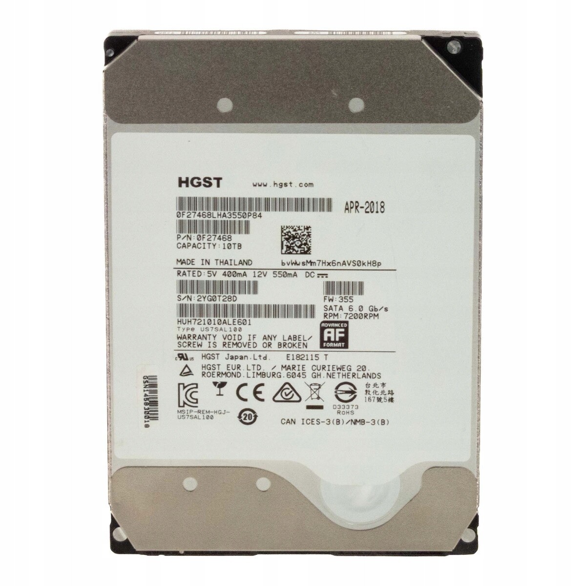 Hgst UltraStar He10 10TB 7.2K 256MB Sata III 3.5'' HUH721010ALE601