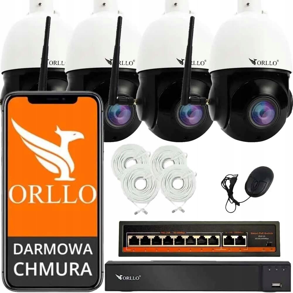 Sada 4 kamer WiFi Ip PoE Bezdrátové otočné Orllo Z10+NVR1+SWITCH SW2
