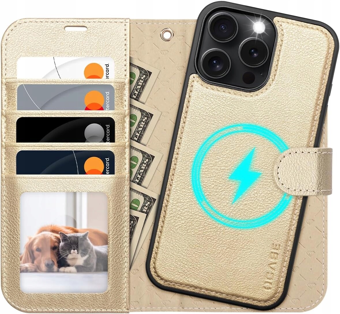 Ocase kožené pouzdro pro iPhone 16 Pro Max 2v1 peněženka zlatá pásek