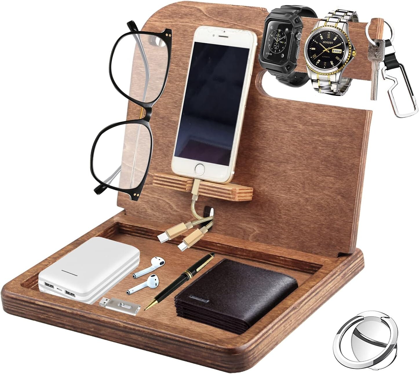 Dřevěná dokovací stanice pro telefon a příslušenství – organizér na psací stůl