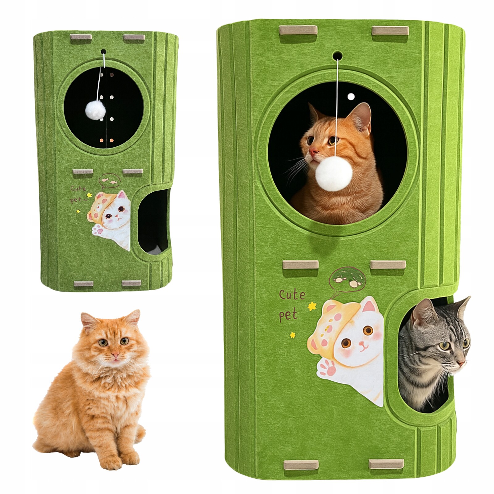 Pro Kočky Domácí Budíček Pelíšek Plstěná Věž S Koulem, Zelená, Velká Pro 2 Kočky