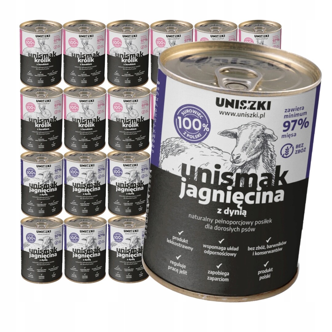 Uniszki Unismak 24x400 g Bezobilné Vlhké Krmivo pro psy Jehněčí a králík