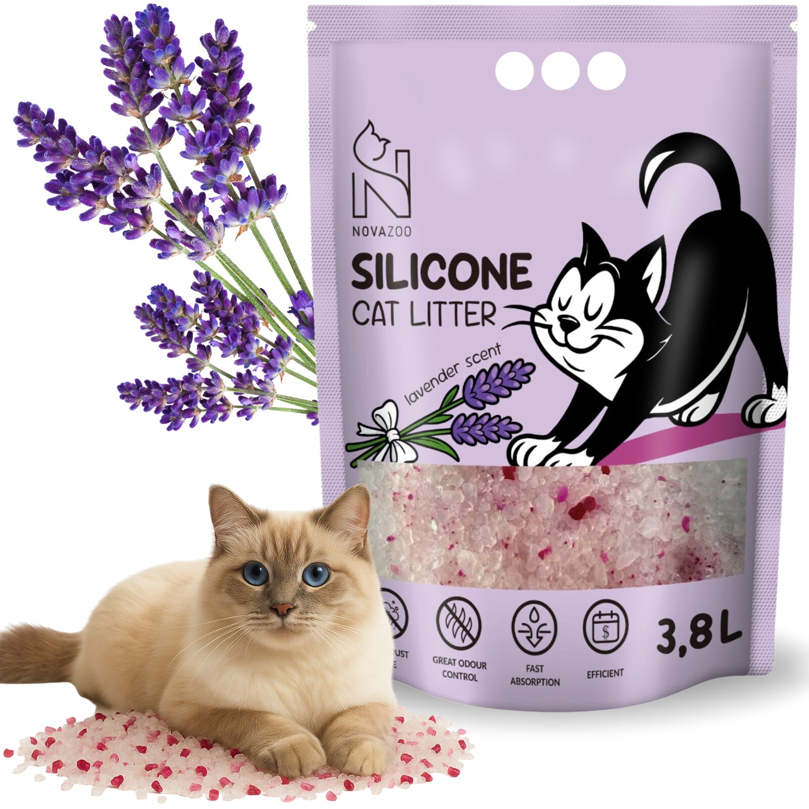 Silikonové stelivo Novazoo Levandule Bezprašné Premium Pro Kočky 3,8 L