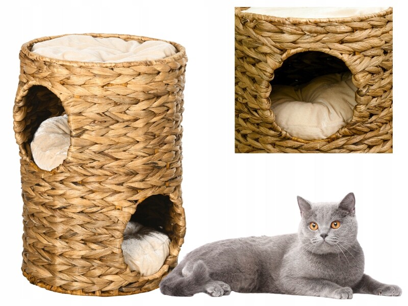 Škrabadlo Pro Kočky Věž Se Dvěma Jeskyněmi Polštáře Pletený Styl Boho Béžová