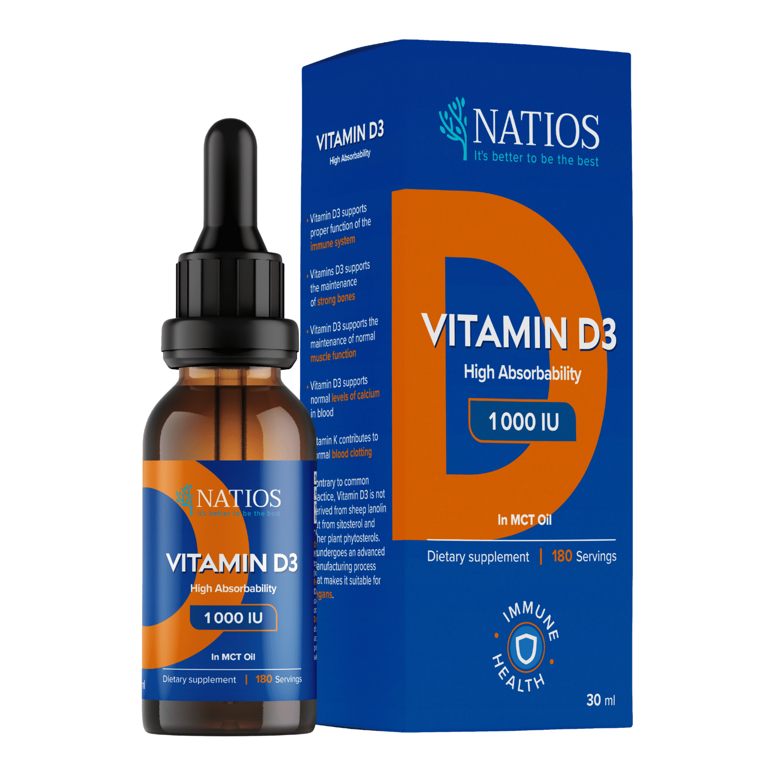 NATIOS Vegan Vitamin D3, 1000 IU, Kapky v MCT oleji 30 ml
