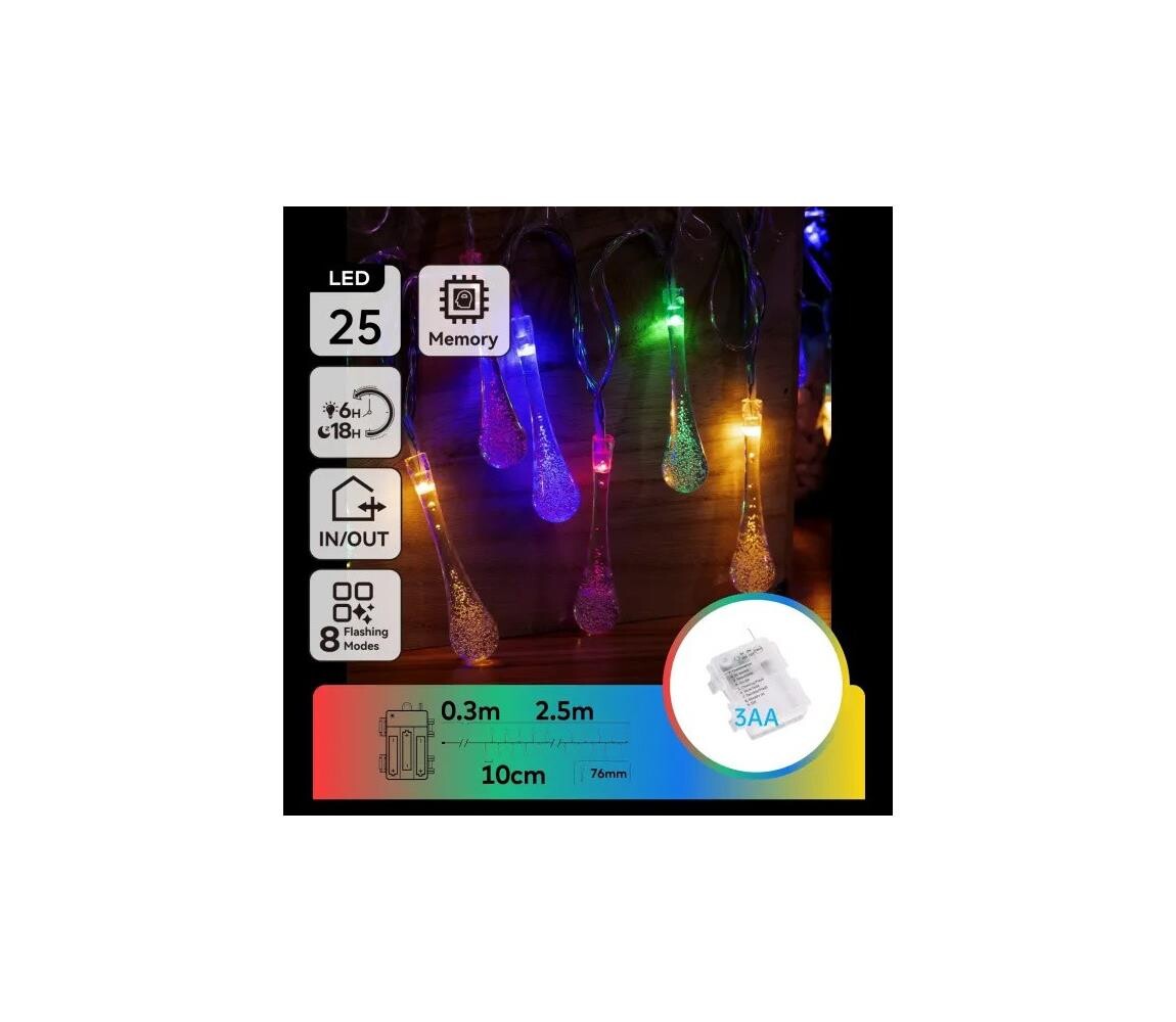 B.V.  - LED RGBY Venkovní vánoční řetěz 25xLED/8 funkcí 3xAA 2,5m IP44 kapky B10303K5D