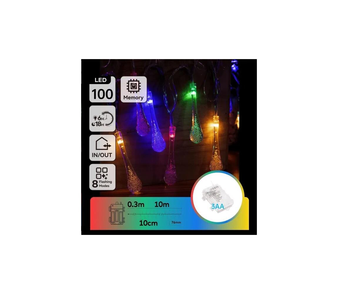 B.V.  - LED RGBY Venkovní vánoční řetěz 100xLED/8 funkcí 3xAA 10m IP44 kapky B10303K5F