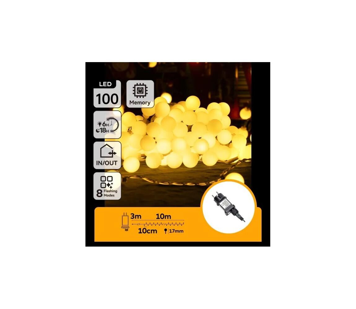 B.V.  - LED Ven. dekorační řetěz 100xLED/3,6W/230V/8 funkcí 10m IP44 tep bílá B103031RL