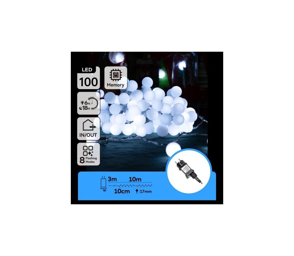 B.V.  - LED Ven. dekorační řetěz 100xLED/3,6W/230V/8 funkcí 10m IP44 stu bílá B103031RH