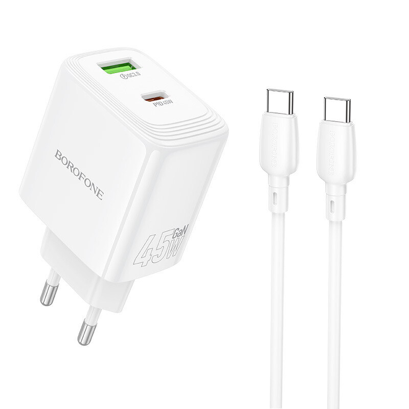 Rychlonabíječka Borofone BN30 Cargador GaN - USB + Type C QC 3.0 PD 45W s kabelem Type C bílá