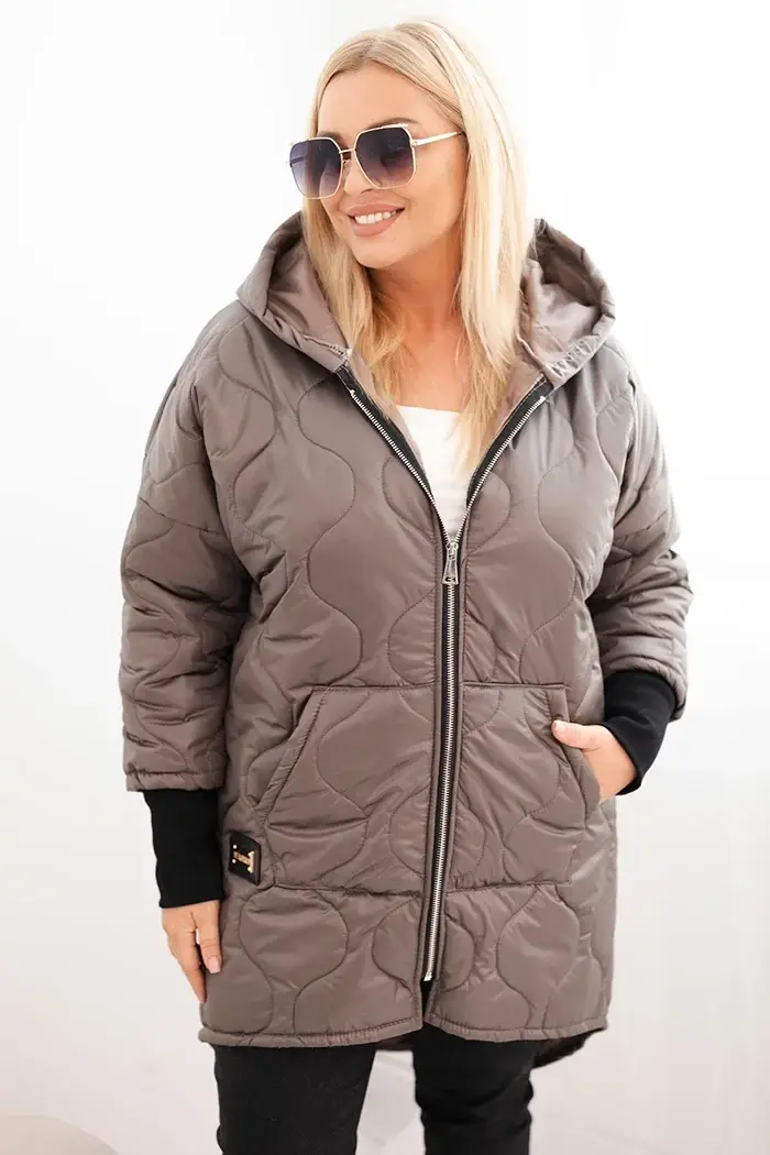 Kesi Włoski Dámská bunda Plus Size prošívaná s kapucí fango