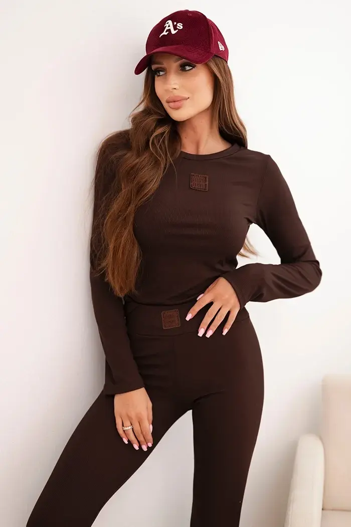 Kesi Włoski Dámský bavlněný komplet s dlouhým rukávem a legínami hnědý