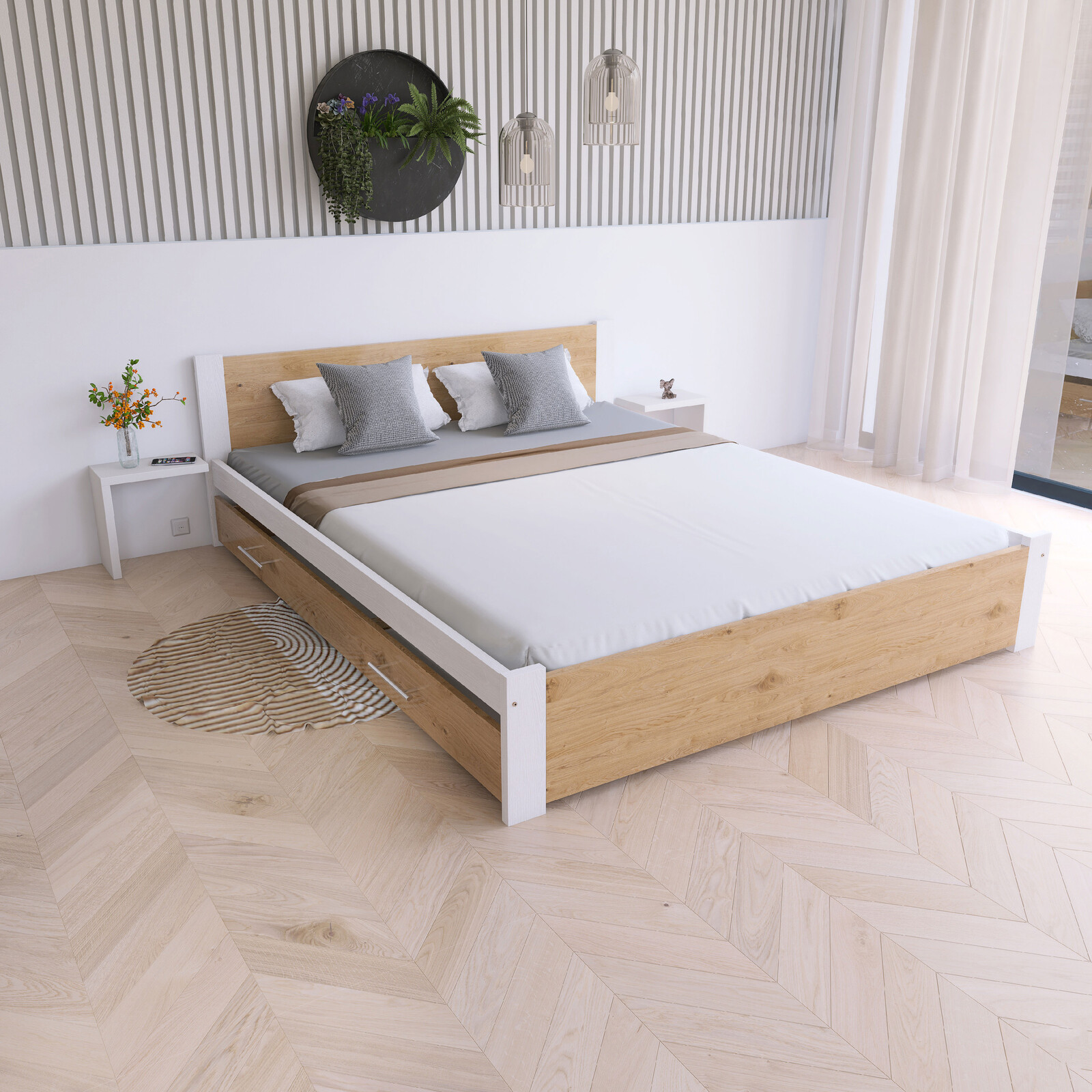 Maxi Postel z masivu Iris 180x200 cm, BÍLÁ/Dub Artisan - 2.jakost