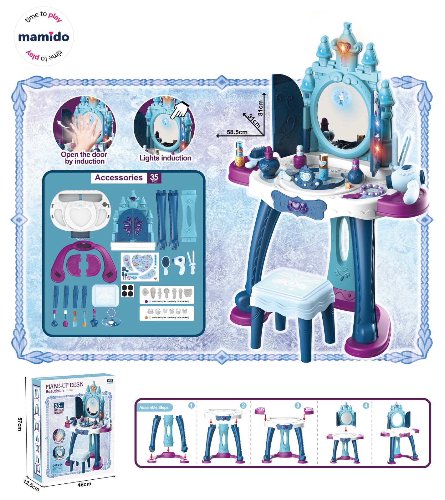 Mamido Mamido Dětský kosmetický stolek s kouzelným inteligentním zrcadlem modrý