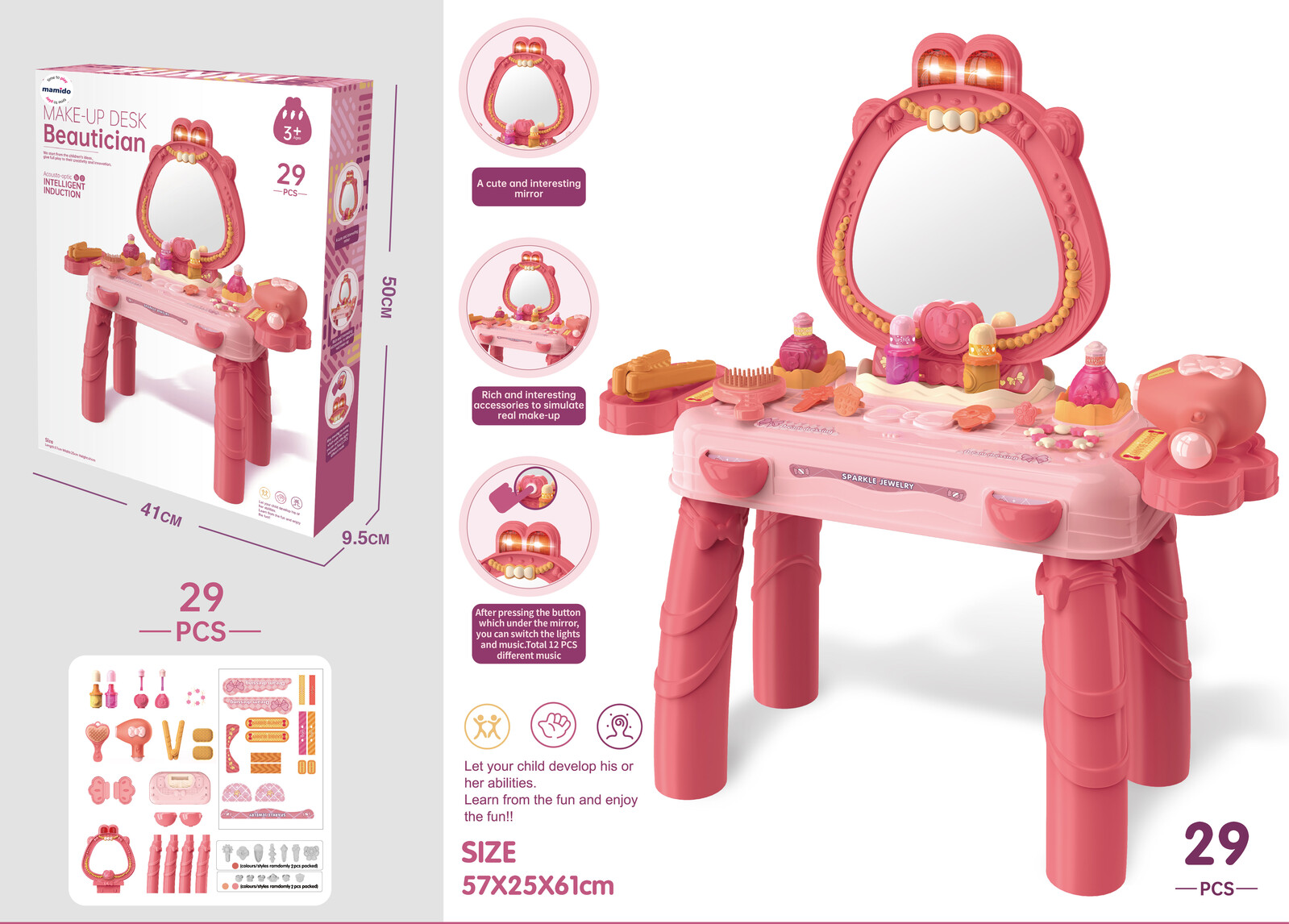 Mamido Mamido Dětský kosmetický stolek s příslušenstvím 29ks světly