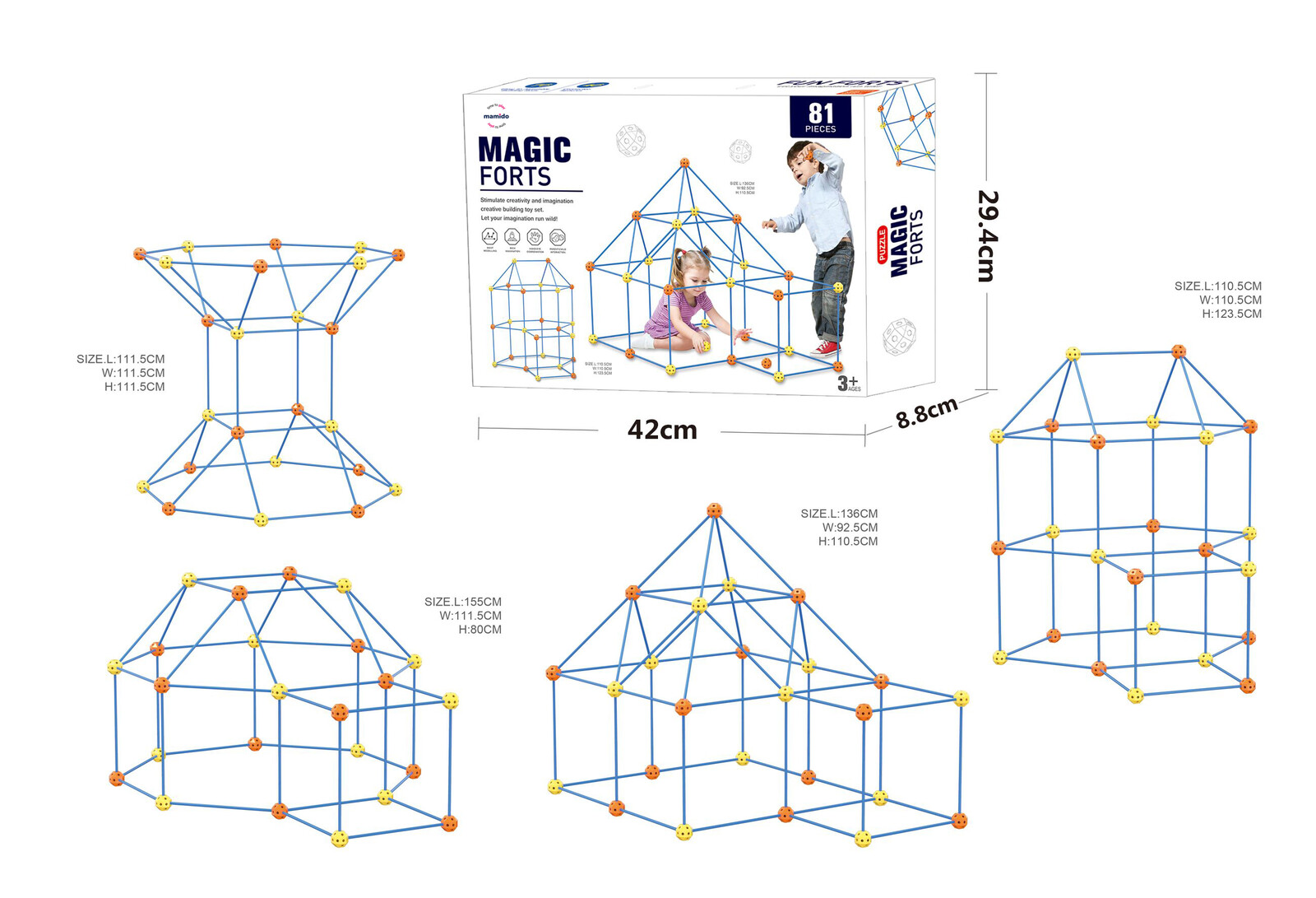 Mamido Mamido Magic forts Konstrukční stavebnice velké slámky a spojky 81 dílů