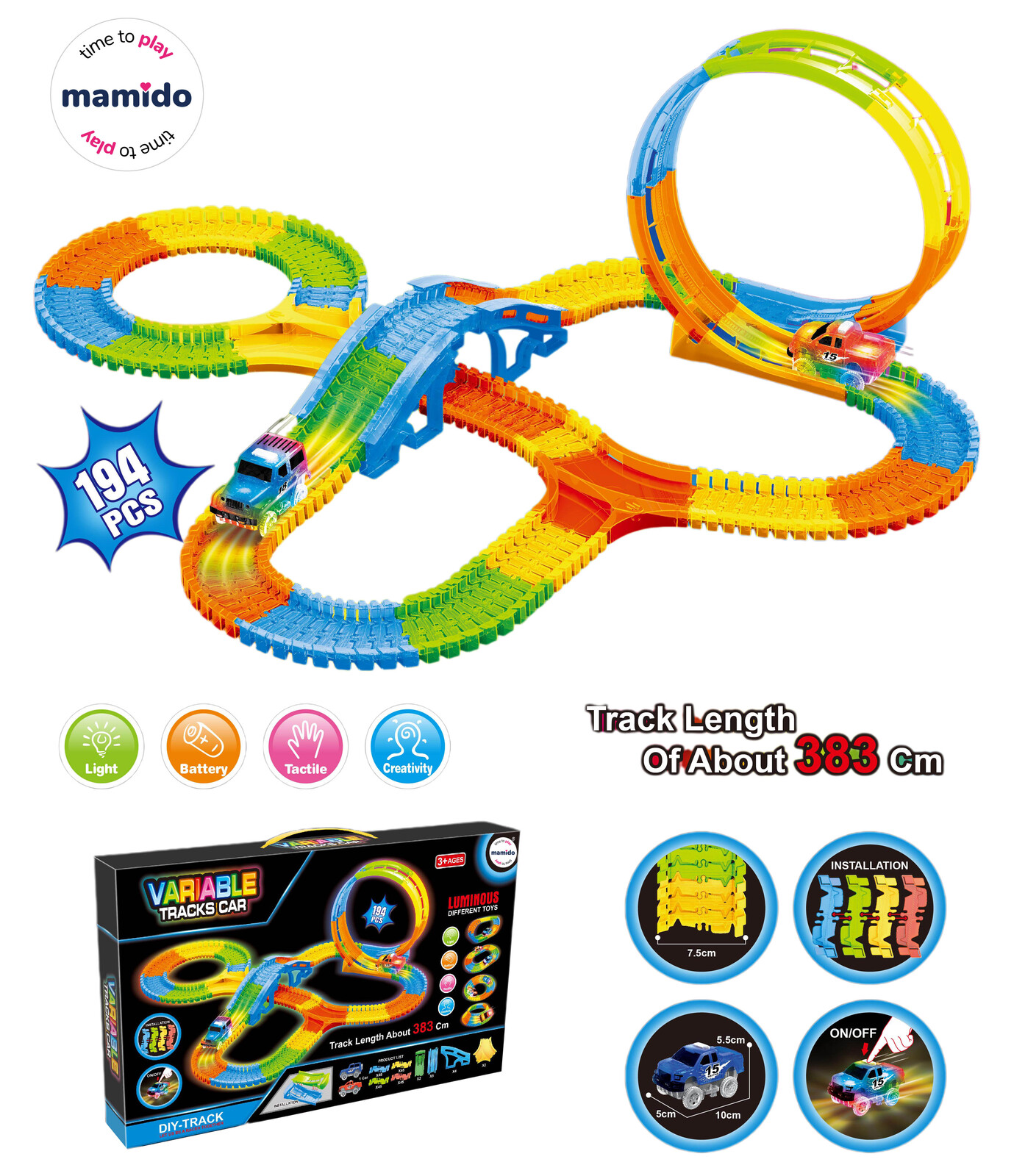 Mamido Mamido Svítící autodráha Variable 194 dílů, 383 cm, LED autíčko