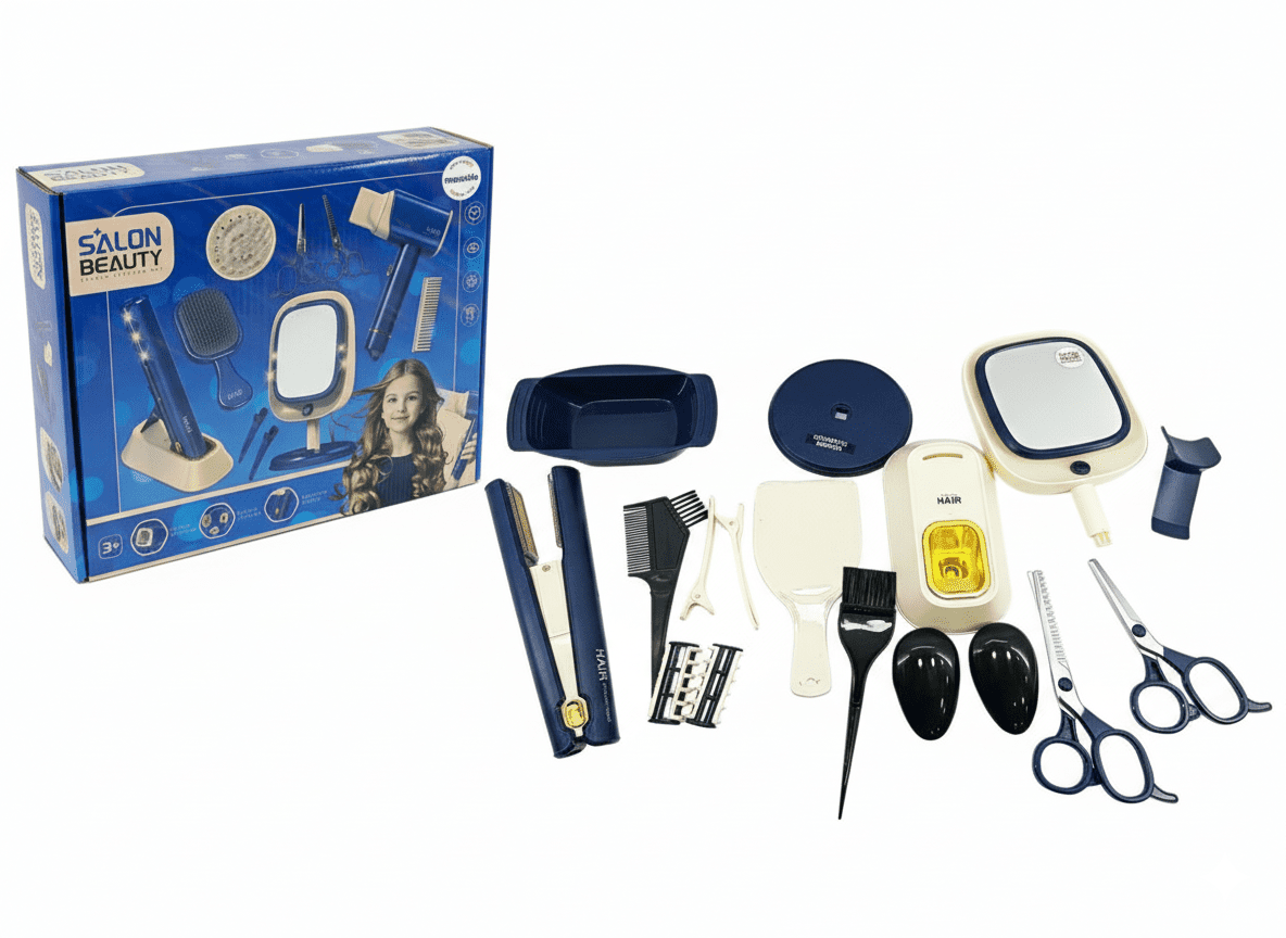 Mamido Mamido Dětský kadeřnický set s žehličkou a zrcátkem modrý 17 ks