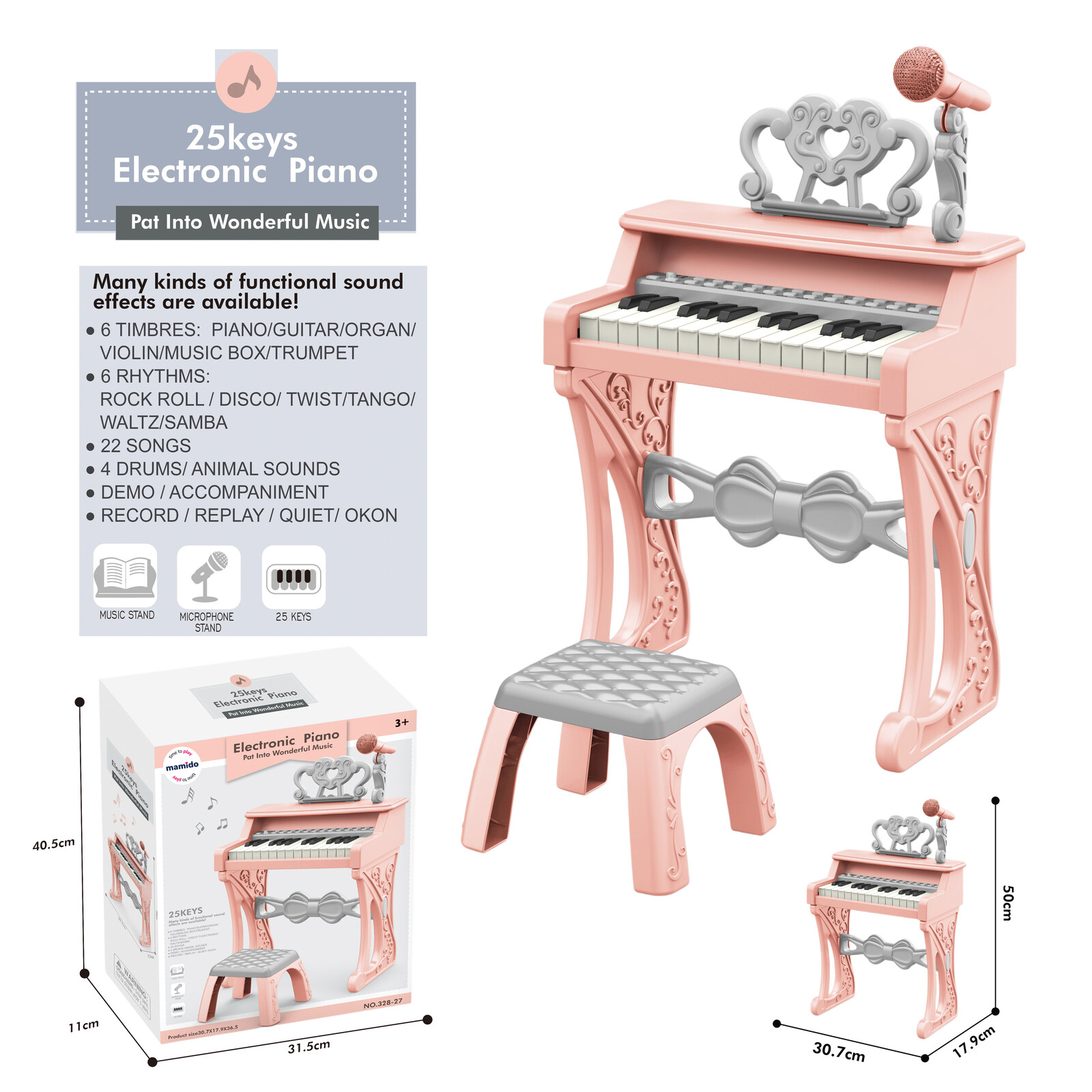 Mamido Mamido Dětský elektrické piano s židlí a mikrofonem 25 kláves růžové