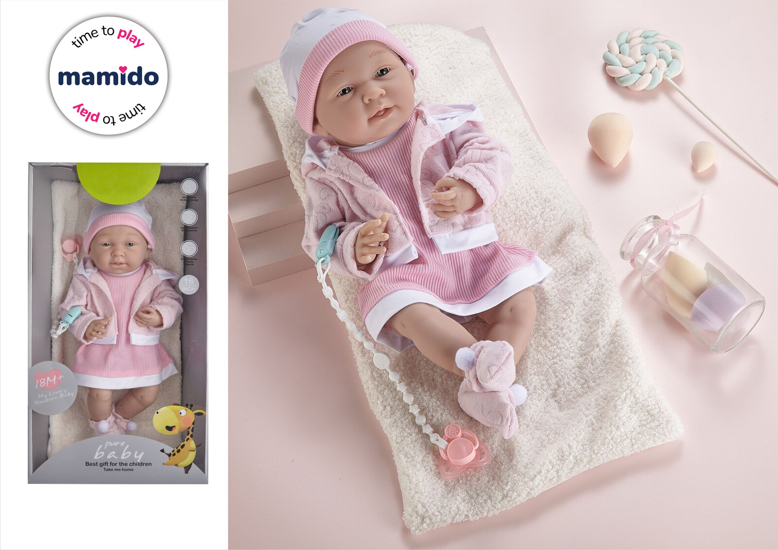 Mamido Mamido Panenka miminko v růžovém svetru s dudlíkem 35 cm