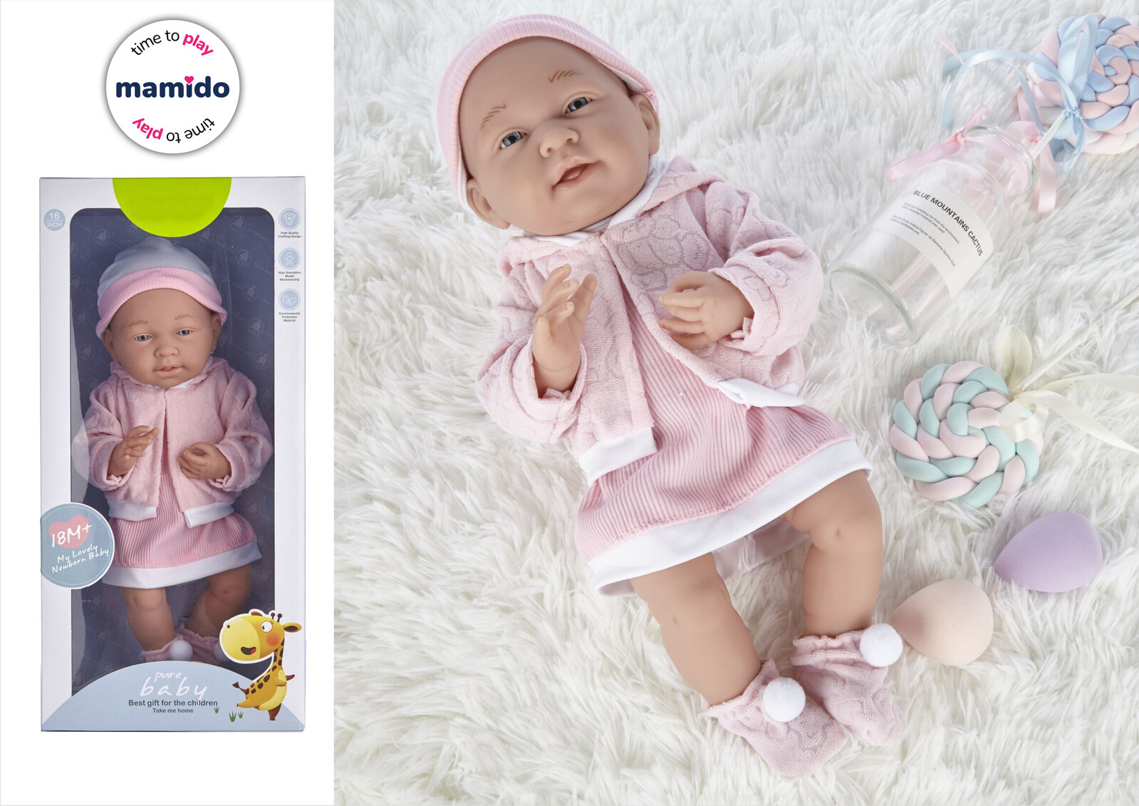 Mamido Mamido Panenka v růžových šatech s čepičkou 35 cm MT1102