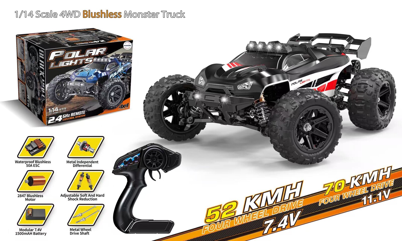 Mamido Mamido Terénní autíčko na dálkové ovládání Polar lights černé 1:14, rychlost 52 km/h, 4x4 RC