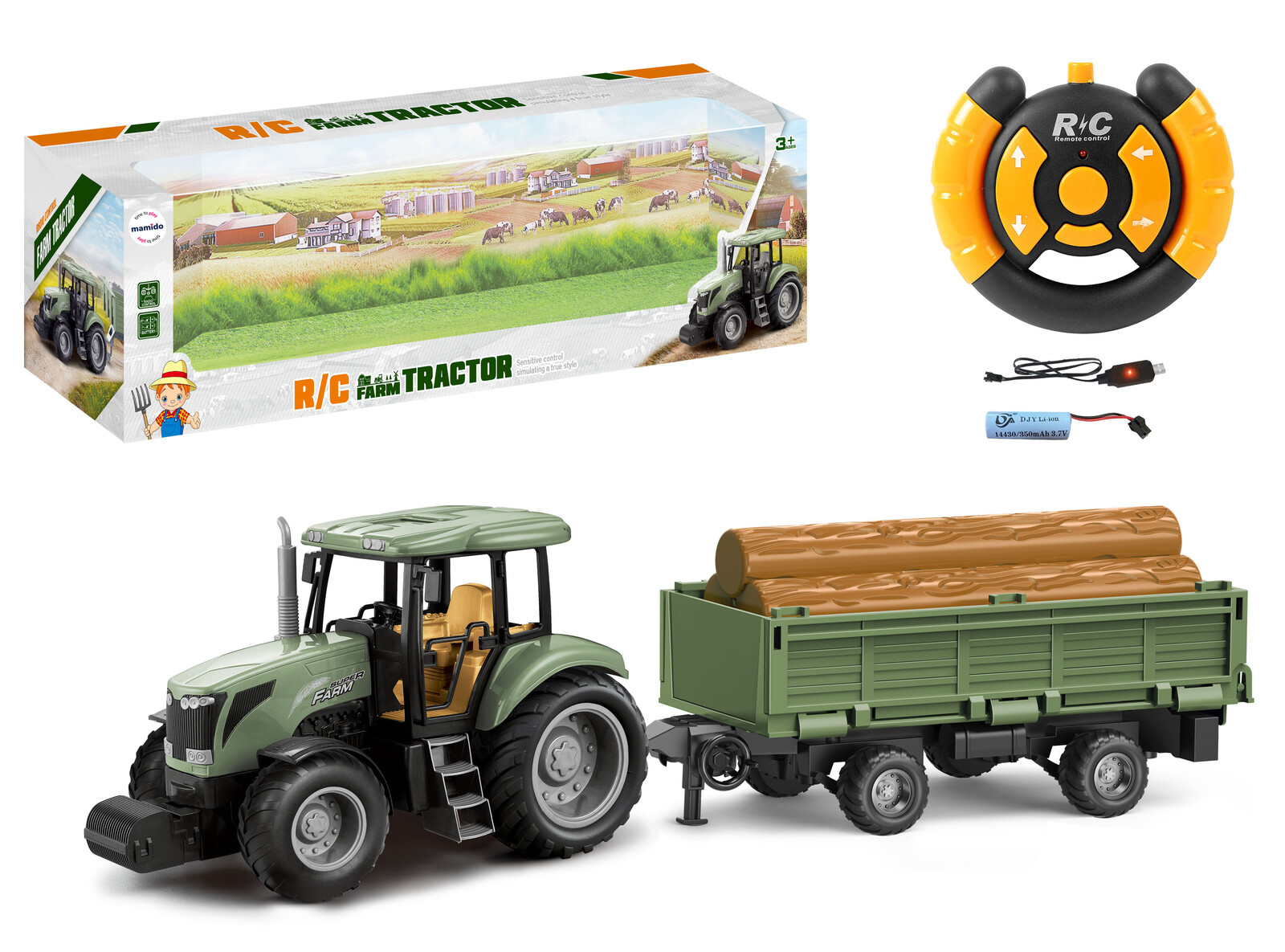 Mamido Mamido Traktor na dálkové ovládání Farmer 2,4 GHz s přívěsem a efekty RC