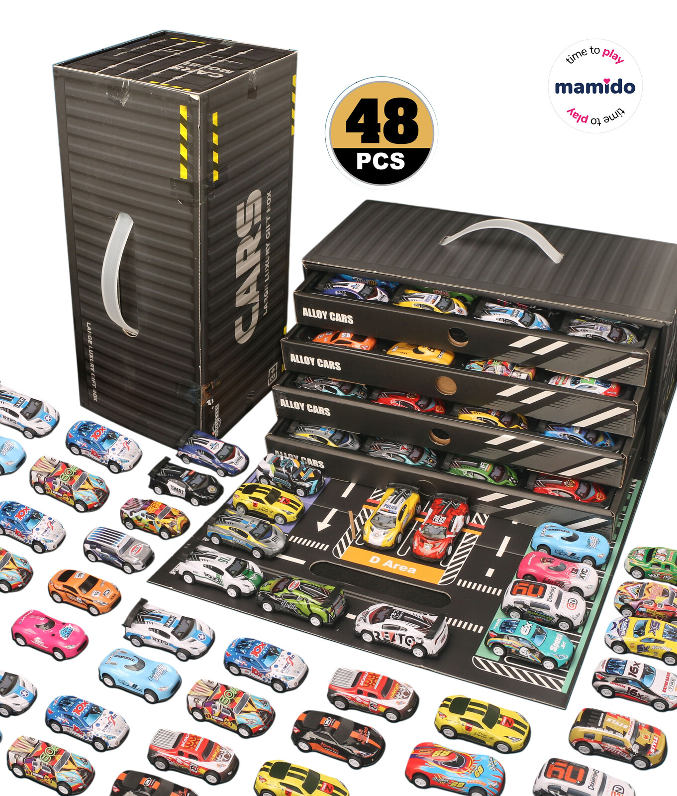 Mamido Mamido Sada kovových autíček v kontejneru Garáž v boxu a parkoviště 48 ks MT1193