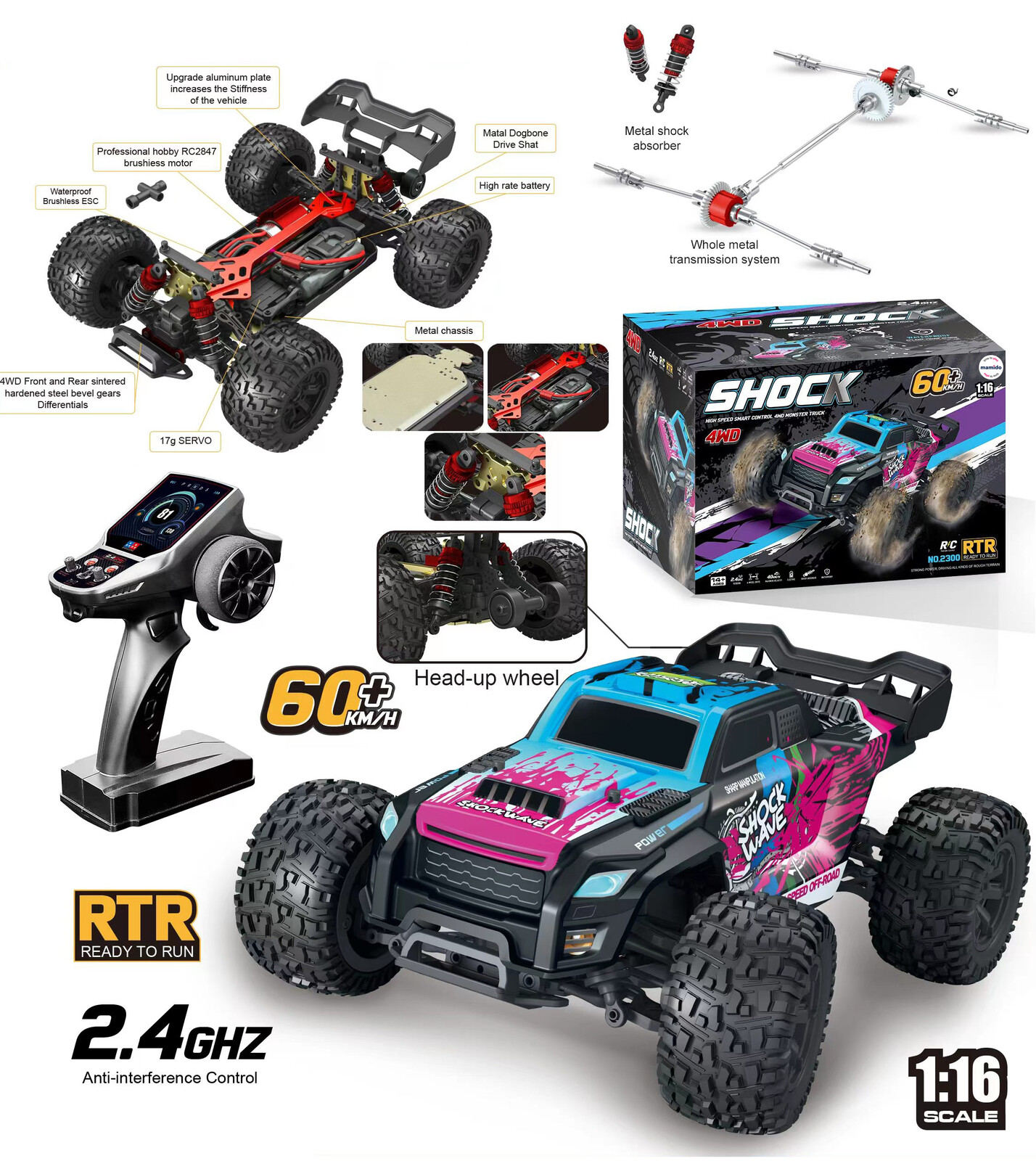 Mamido Mamido Auto na dálkové ovládání 60 km/h RC Monster Truck 1:16 4WD Brushless 2.4GHz modré