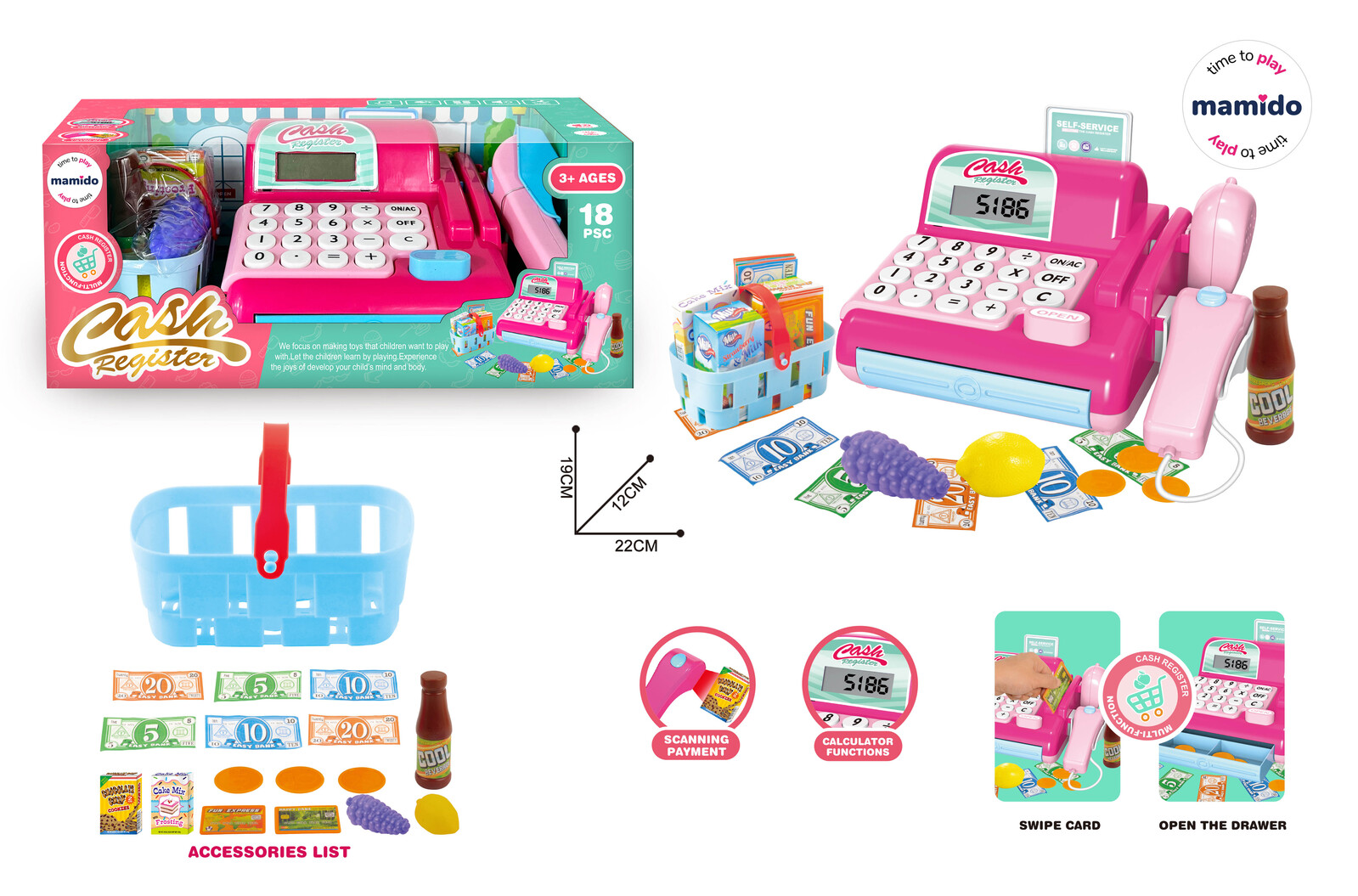 Mamido Mamido Dětská pokladna s nákupním košíkem a potravinami růžová 18ks kalkulačka