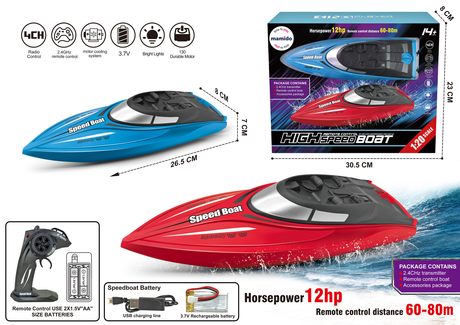 Mamido Mamido Loď na dálkové ovládání High Speed Boat modrá, 12HP, 80 m RC