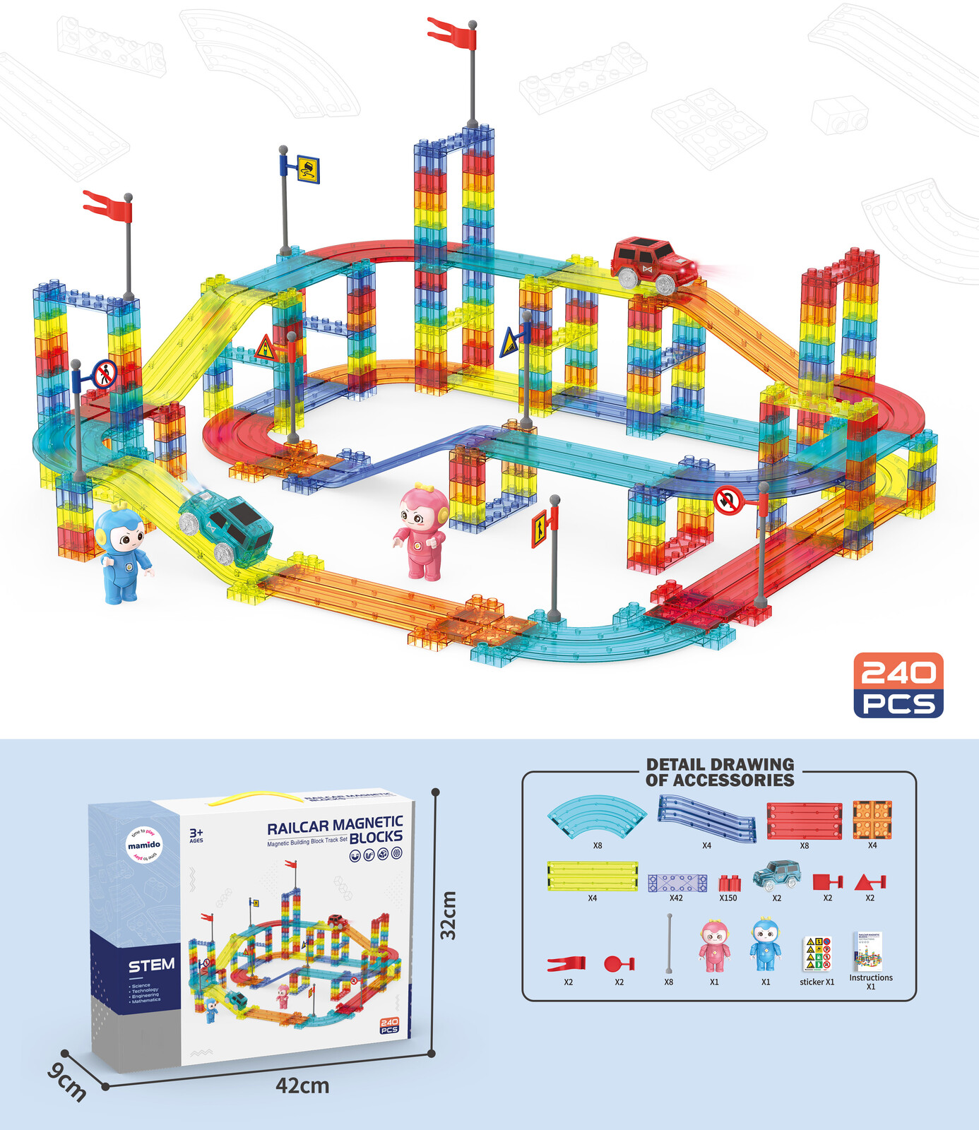 Mamido Mamido Magnetické kostky 240 dílů Závodní dráha XXL