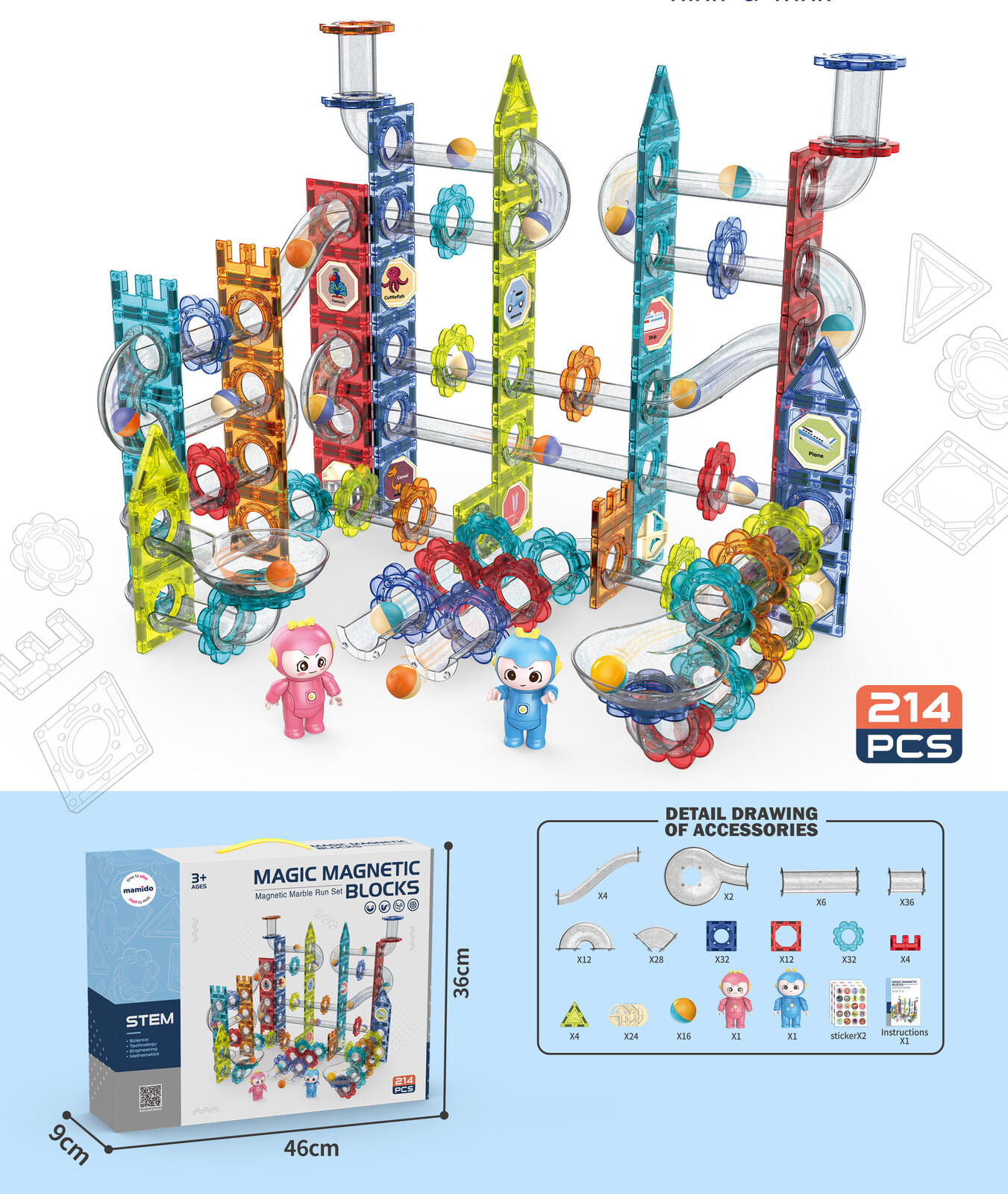 Mamido Mamido Magnetická stavebnice kuličková dráha 214 dílů XL