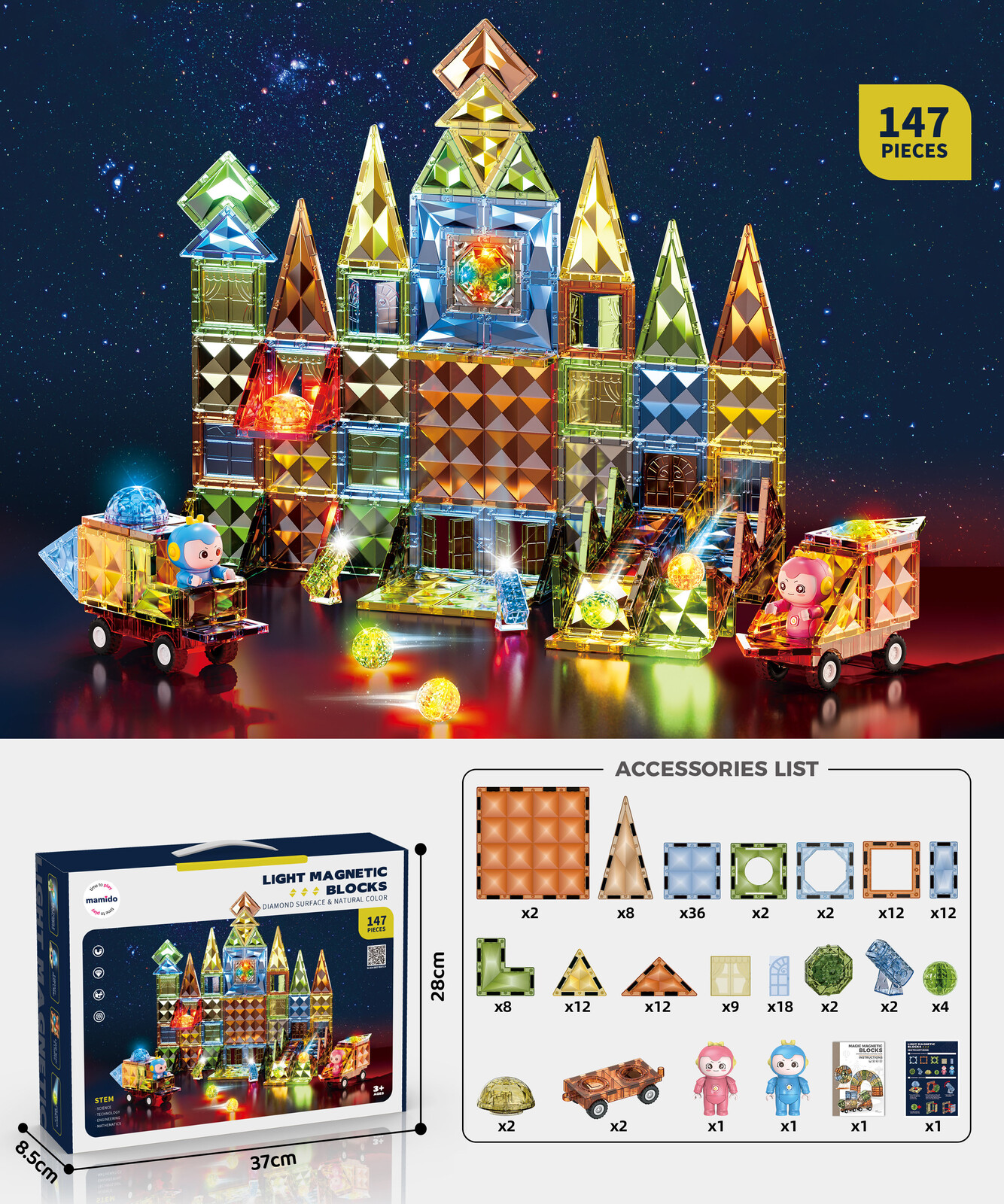 Mamido Mamido Magnetická svítící stavebnice 147 dílů Crystal Max