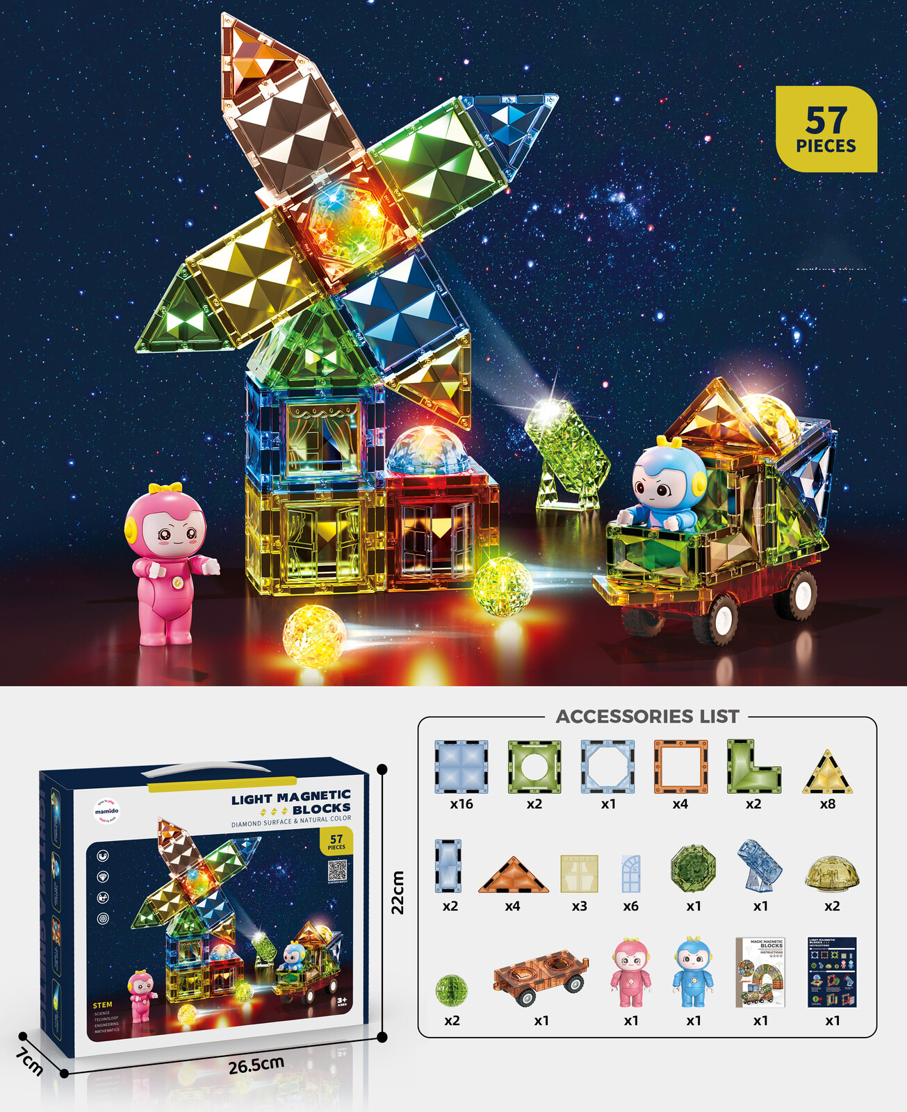 Mamido Mamido Magnetická svítící stavebnice 57 dílů Diamond Surface