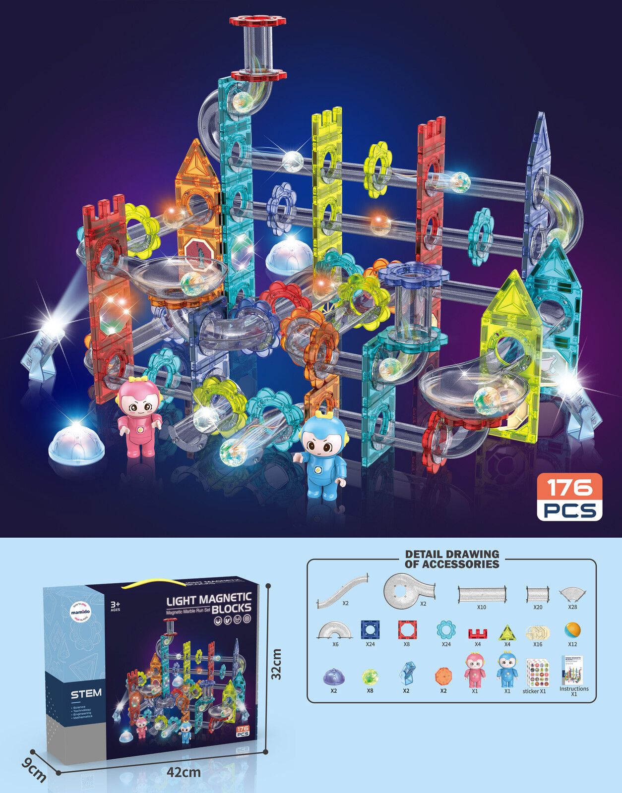 Mamido Mamido Magnetická svítící stavebnice kuličková dráha 176 dílů XL