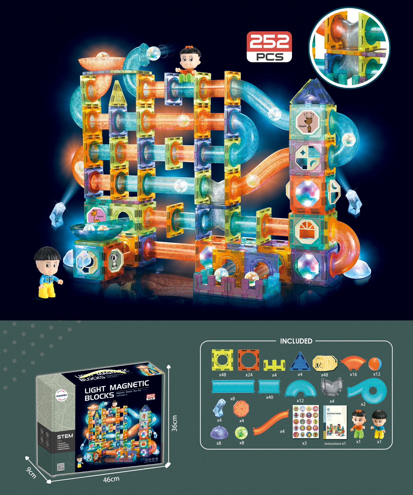 Mamido Mamido Magnetická svítící stavebnice kuličková dráha 252 dílů XXL