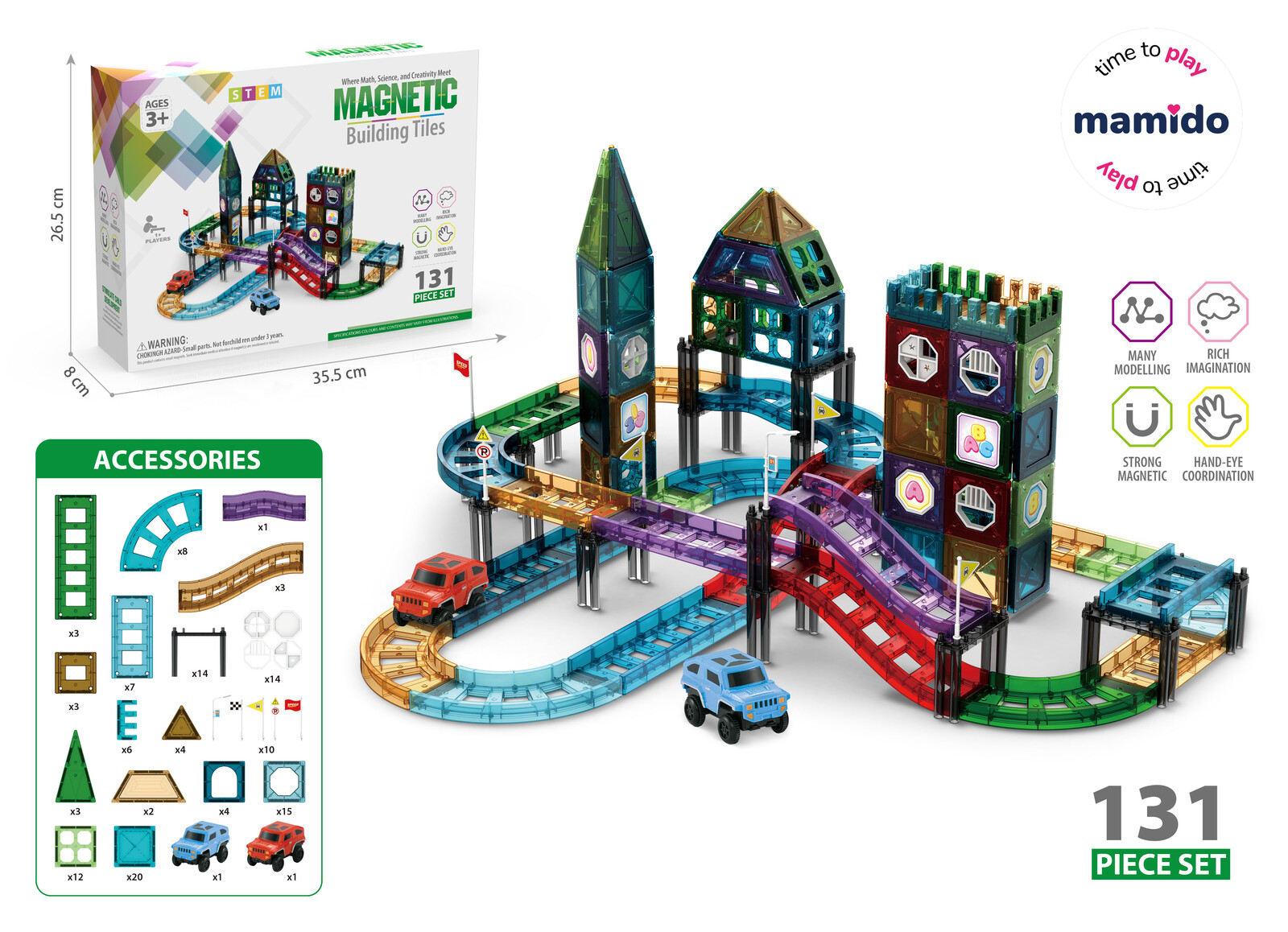 Mamido Mamido Magnetická stavebnice 131 dílů Závodní dráha s autíčky Castle Track