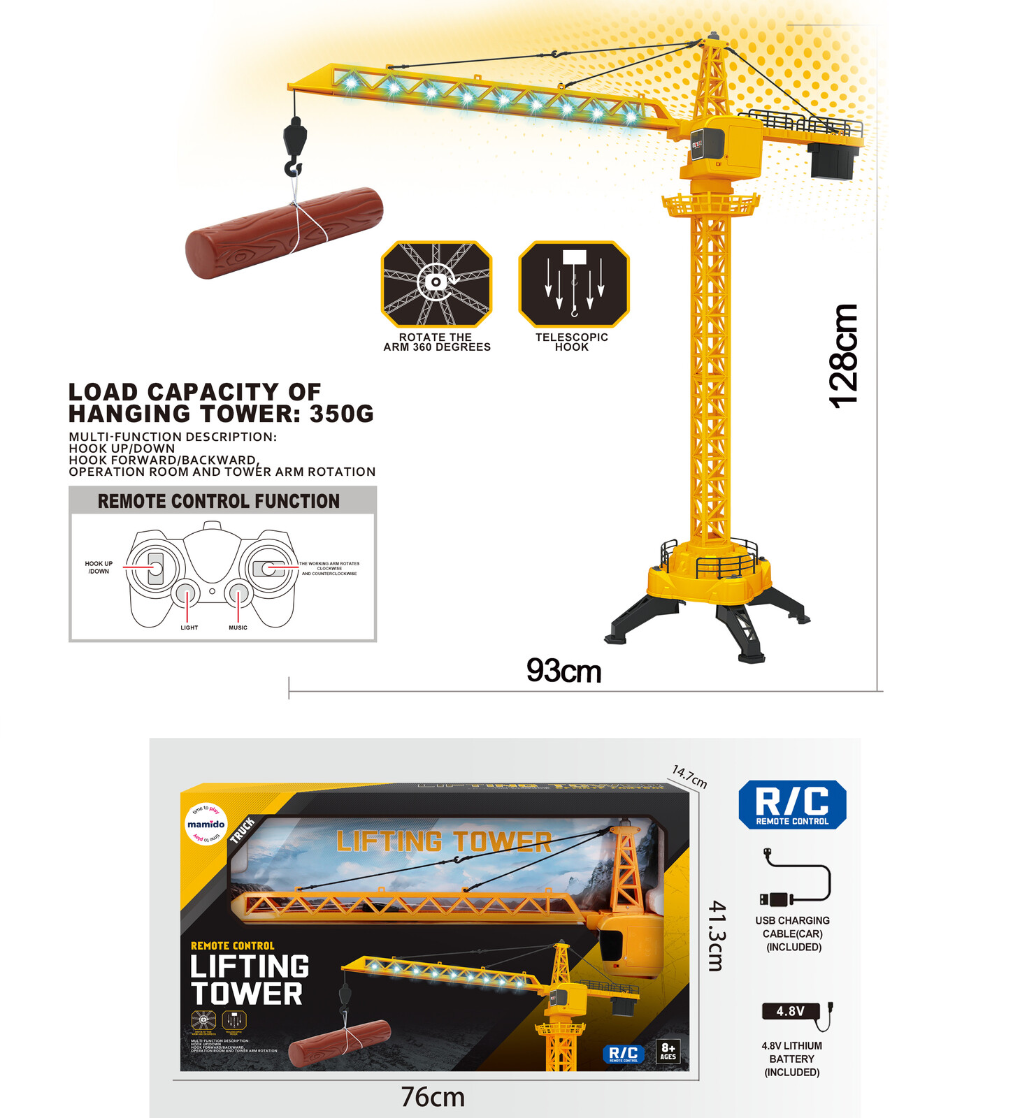 Mamido Mamido Jeřáb na dálkové ovládání 128 cm se světly, Otočné rameno 360° RC