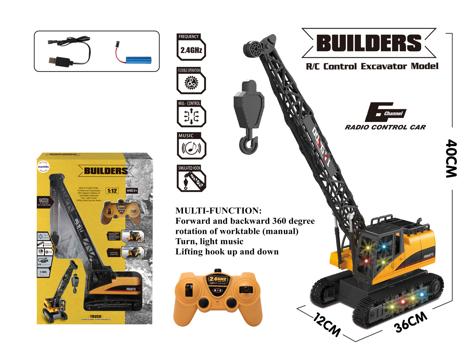 Mamido Mamido Jeřáb na dálkové ovládání Builders RC 2,4 Ghz, 1:12, 6CH