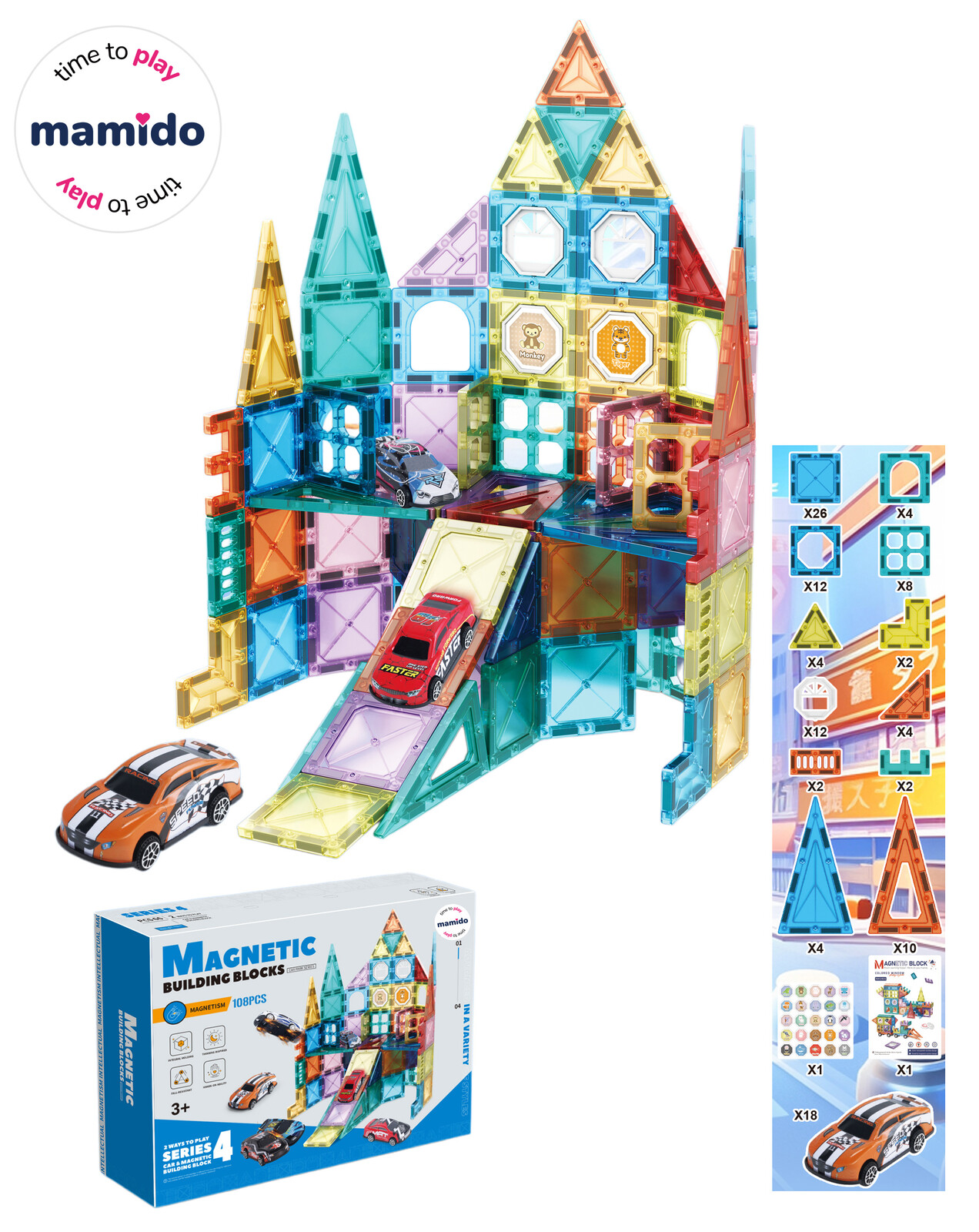 Mamido Mamido Magnetická stavebnice Car park 108 dílů, 2 autíčka