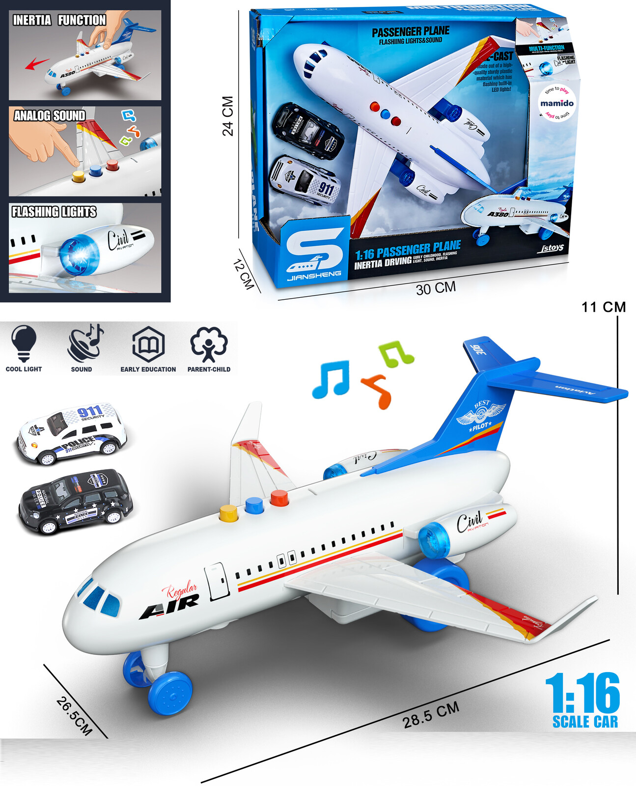 Mamido Mamido Letadlo 1:16 světelné a zvukové efekty bílé + 2 autíčka MT1288