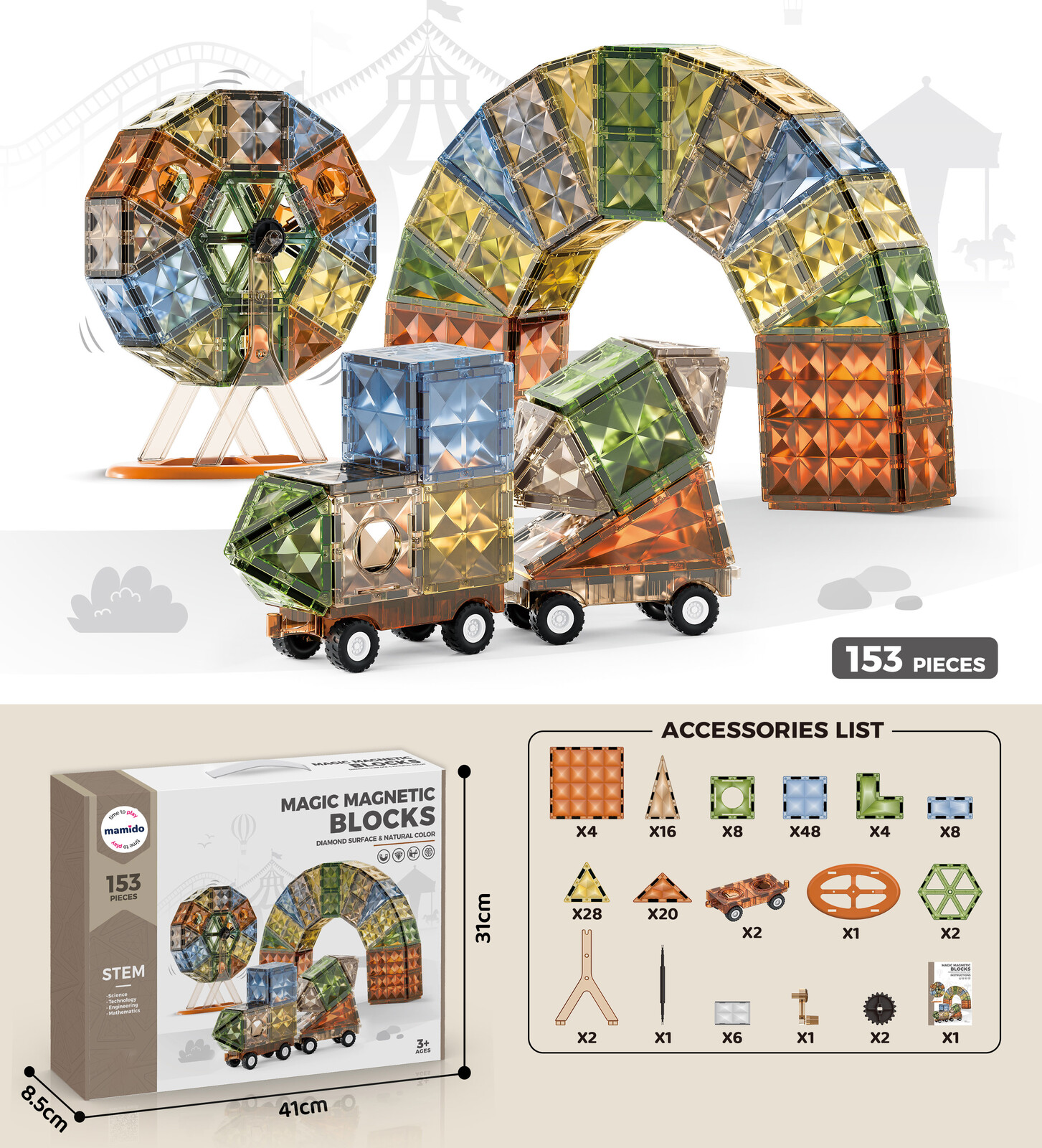 Mamido Mamido Magnetická stavebnice Magic Diamond Surface 153 dílů