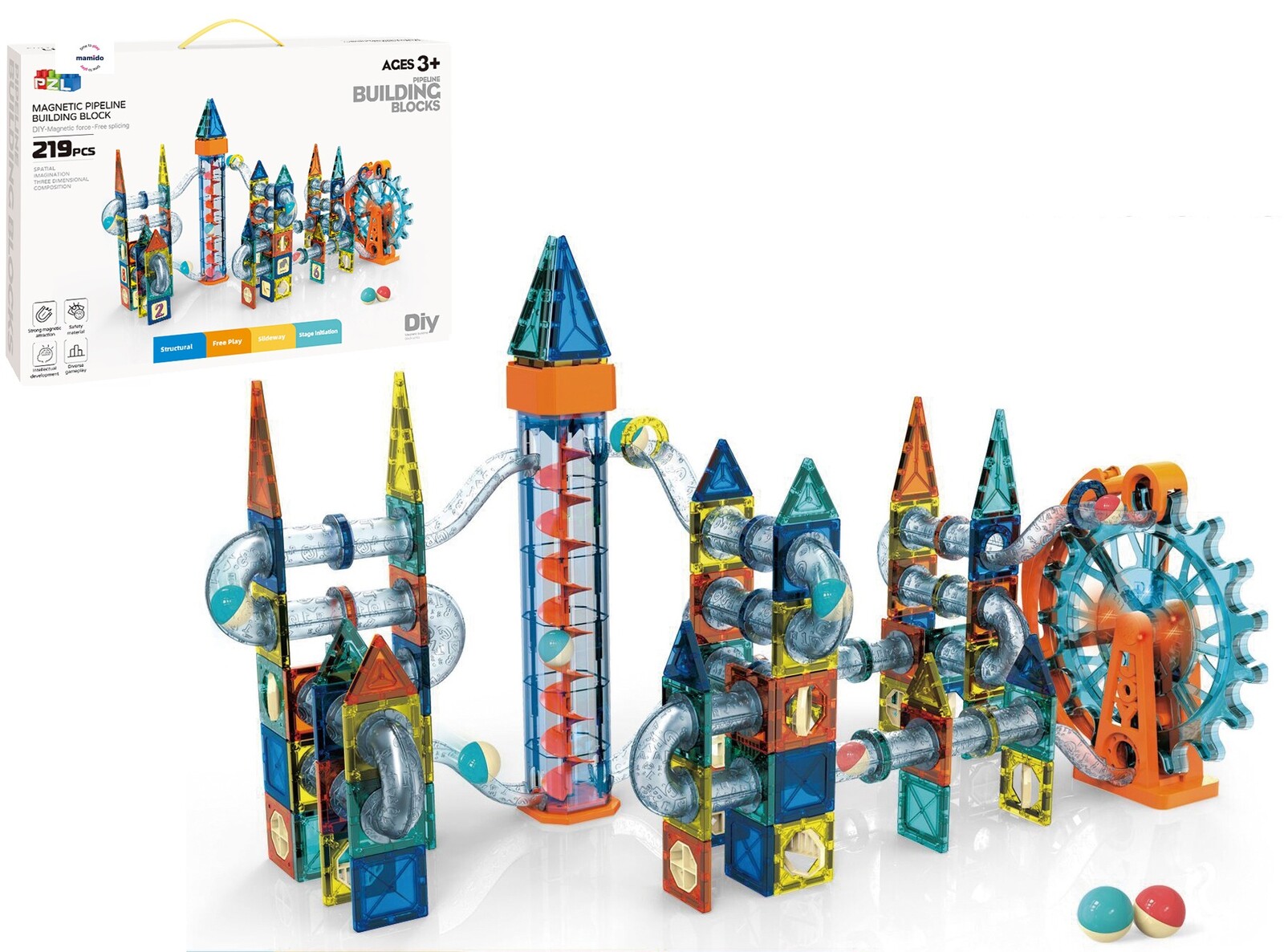 Mamido Mamido Velká magnetická stavebnice XXL 219 dílků Kuličková dráha s elektrickým výtahem